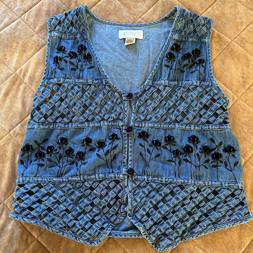 Vintage Casual Corner Denim Lattice Vest Womens Large
